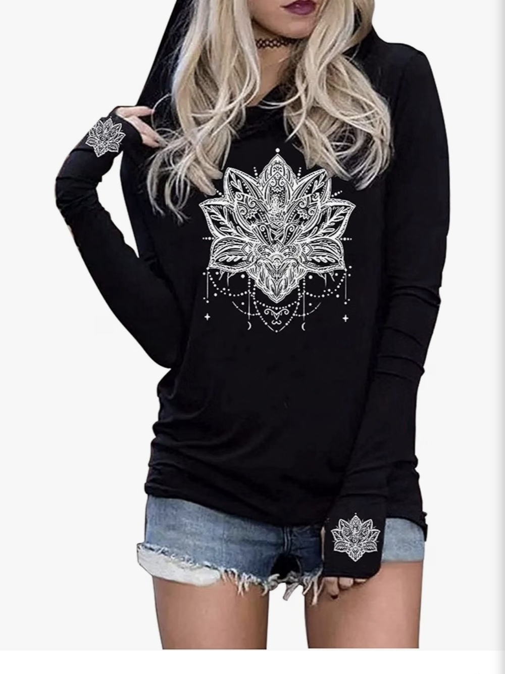 Boho Lotus Graphic Hooded Top - Black